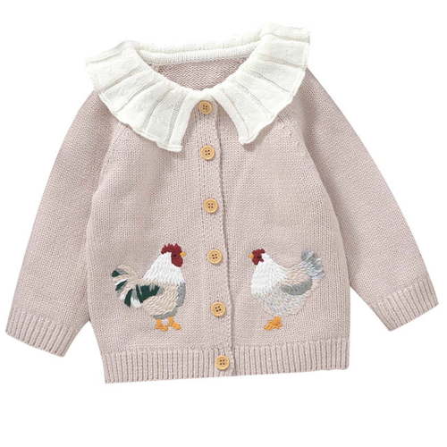 Qingpeng Toddler Baby Girl Sweater Cardigan Kids Cute Embroidery Doll Collar Button Down Knit Jacket Fall Winter Coat Knitwear