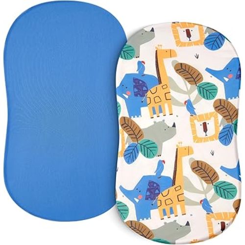 TILLYOU Baby Bassinet Sheets for Girls Boys, Fit for Hourglass Oval Rectangle Bassinet Mattress Sheets, 33”X16”, 2 Pack Animal Geometry & Blue