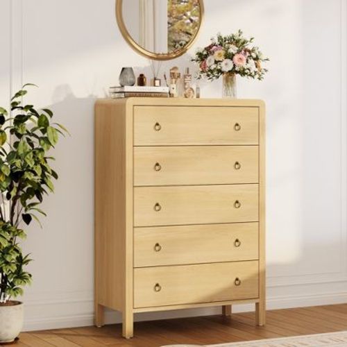 Garvee 5 Drawer Dresser for Bedroom, 47.2 " Tall Vertical Chest of Drawers with Rounded Corners, Narrow Space Saving Storage Organizer, Natural