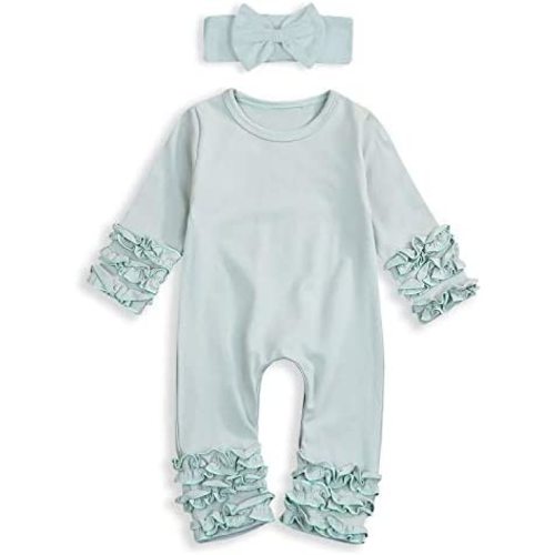 GRNSHTS Newborn Baby Girls Ruffle Romper Solid Long Sleeve Jumpsuit One-Piece Coming Home Clothes With Headband