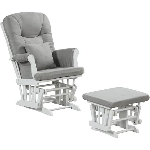 Angel Line Monterey Glider & Ottoman, White Finish - Grey Cushion