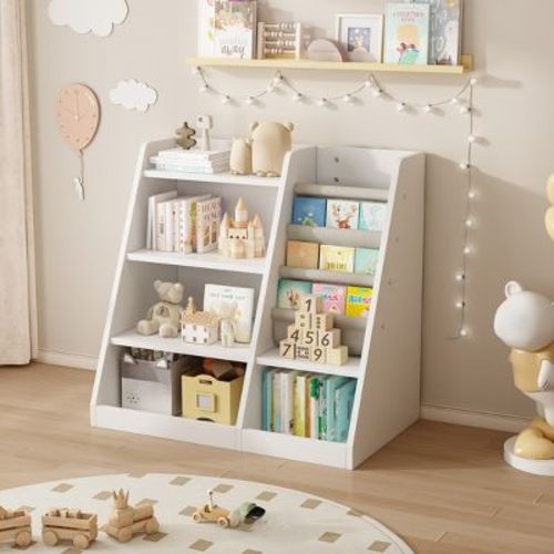 4 Tier Kids Wooden Bookshelf, Kids Bookshelf Children Bookcase with Adjustable Shelf for Playroom Nursery Living Room Pink