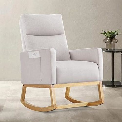 AUNEKIV Rocking Chair Nursery, Modern Upholstered Glider Rocker Chairs with Wood Legs and Side Pockets Comfy High Back Nursing Armchair for Small Spaces Indoor Living Room Bedroom Ivory