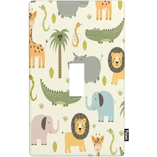 Cartoon Animal Light Switch Cover Cute Hippo Crocodile Lion Elephant And Giraffe Funny Wildlife Single Toggle Wall Plate 4.5"x 2.76" for Boys Girls Bedroom Bathroom