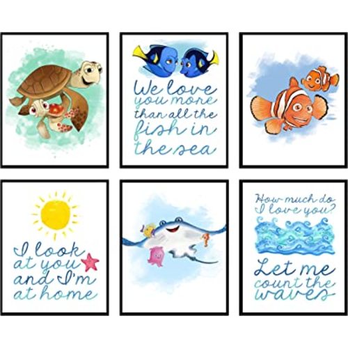 Silly Goose Gifts Nemo Fish Watercolor Ocean Themed Character - Kids Room Wall Art Prints - Toddler Boy Girl Room Decor with Cute Room Reminders & Quotes - Made in USA - No Frames Included - I'm Home Set of Six, 8x10in