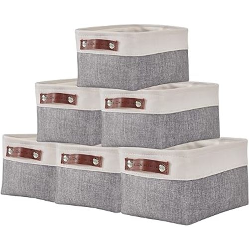 DECOMOMO Small Baskets | Storage Baskets for Organizing Shelves Linen Closet Bathroom Baby Cloth Nursery Fabric Bulk Decorative Empty Baskets for Gifts (Grey and White, Small - 6 Pack)