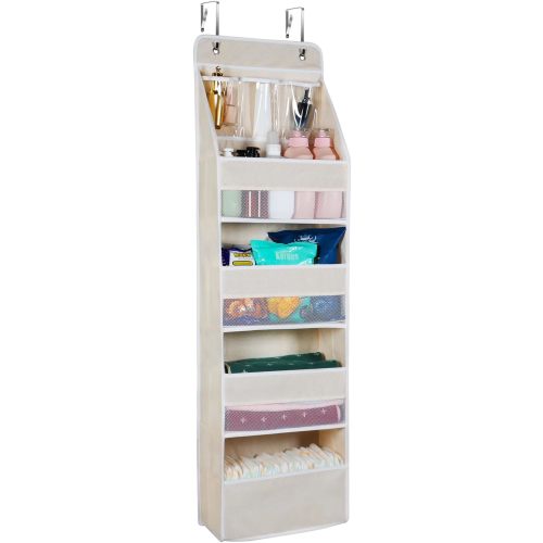 Univivi 5-Shelf Over Door Hanging Organizer Fabric Door Storage with 4 Large Pockets and 3 Small PVC Pockets Wall Mount Hanging Storage Organizers (Beige)