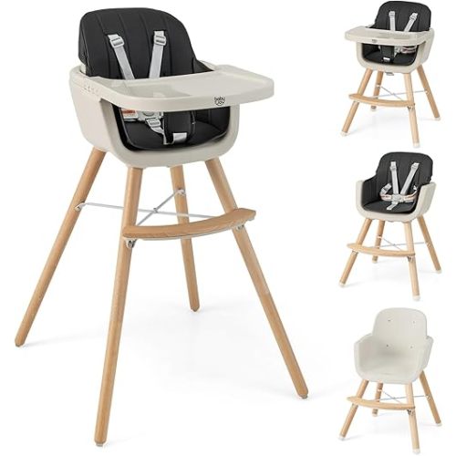BABY JOY Baby High Chair, 3-in-1 Convertible Wooden Highchair for Babies & Toddlers, Infant Feeding Chair w/ 5-Point Safety Harness, Footrest, Adjustable Legs, Removable Tray & PU Cushion (Black)