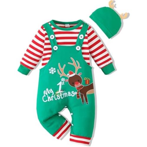 VINUOKER Baby Boy My First Christmas Outfits,Infant Boy 3pcs Christmas Clothes Set Overall pant set