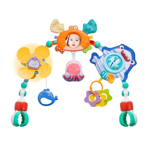Adjustable Baby Stroller Arch Toy, Car Seat Toys for Infants 6-12 Months Bassinet Hanging Toy Bar Attachment with Mirror & Sound, Crib Comfort Gift for Birthday, Baby Shower