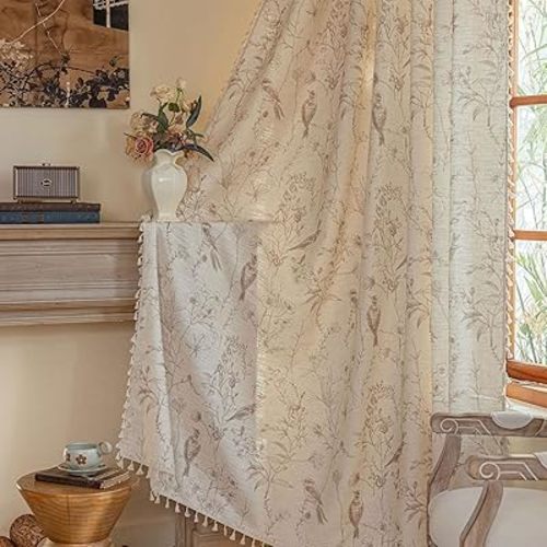 ENJOYBRIDAL Floral Curtains 84 Inches Long Farmhouse Semi Sheer Drapes Bird Patterned Rod Pocket 2 Panel Sets Boho Window Curtains Bedroom Living Room Botanical Aesthetic Decor Tassel Window Treatment