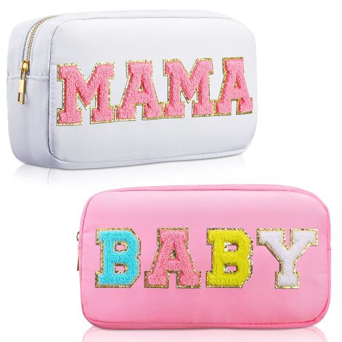 Sanwuta 2 Pieces Mama Gifts Makeup Bag Mom Birthday Gifts Nylon Cosmetic Bag Mothers Day Appreciation Toiletry Preppy Patch Chenille Letter Pouch for Women Her New Mom(White, Pink,Baby and Mama)