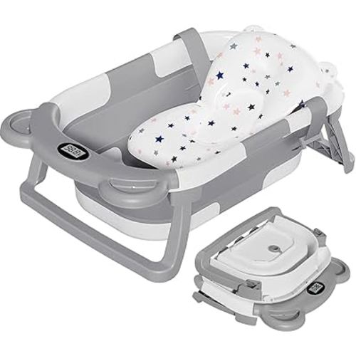 TPN Collapsible Baby Bathtub, Baby Bath Tub with Soft Cushion & Real-Time Thermometer, Baby Bathtub Infant to Toddler Tub (0-36 Months), Portable Newborn Travel Bath tub