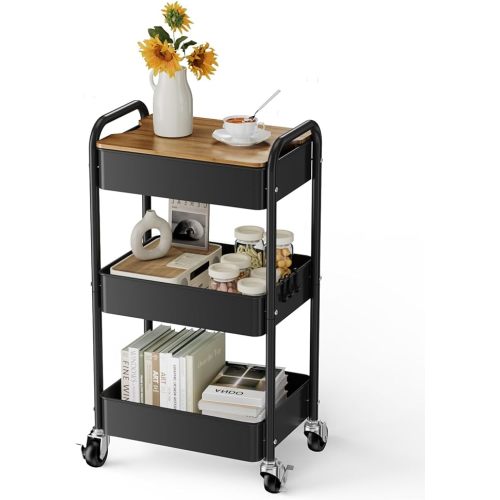 3 Tier Rolling Cart with Table top, Metal Utility Cart, Sturdy Storage Organizer Cart with Locking Wheels & Hooks for Office, Classroom, Kitchen and Bathroom