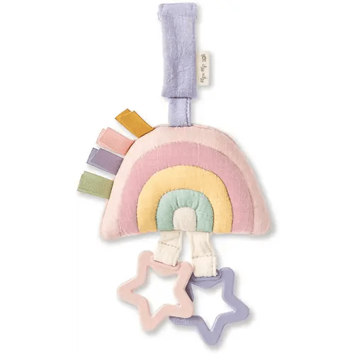 Itzy Ritzy Bitzy Bespoke Jingle Travel Toy for Stroller, Car Seat or Activity Gym; Features Jingle Sound, Hexagon Rings and Adjustable Attachment Loop, Pastel Rainbow (JIN3003)