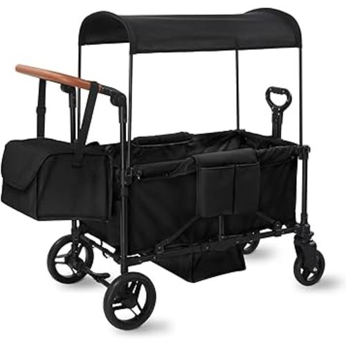 Wagon Stroller for 2 Kids, All-Terrain Wagon with Footwell, Removable UV-Protection Canopy, Adjustable Push/Pull Handle, Large Storage, Perfect for Infant and Toddler (Black)