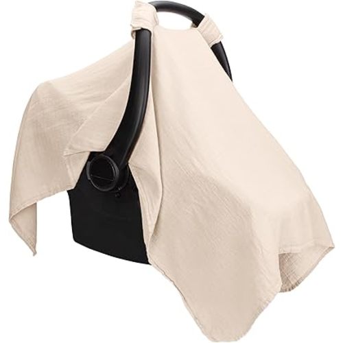 Comfy Cubs Baby Car Seat Cover - Soft, Breathable Bamboo Rayon and Muslin Cotton Blend - Lightweight Canopy for Sun, Bug, and Comfort Protection - Large Size Infant Seat Cover in Sand Design
