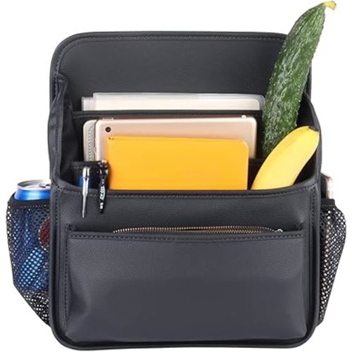 Front Seat Organizer Car Upholstery Leather Passenger Seat Storage Bag Large Durable Car Organizer with Adjustable Strap Multiple Compartments Mesh Bags Cup Holders (black)