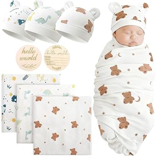 DRESHOW BQUBO Cotton Baby Swaddle Hat Set Newborn Infant Receiving Blankets with Bear Ears Hat Wooden Birth Announcement Card Newborn Unisex Swaddle Wrap Sets Warm Shower Gift