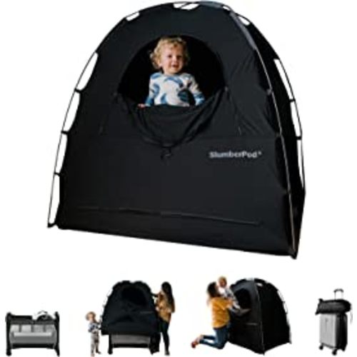 SlumberPod 3.0 Portable Privacy Pod Blackout Canopy Crib Cover, Sleeping Space for Age 4 Months and Up with Monitor Pouch, Pack n Play Blackout Cover, Baby Travel Crib Canopy (Black/Grey)