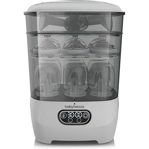 Baby Brezza Bottle Sterilizer and Dryer Advanced – 33% Faster - Largest Capacity Steam Sanitizer - Universal Sterilization Machine for All Bottles + Pump Parts - HEPA Air Filter, Grey