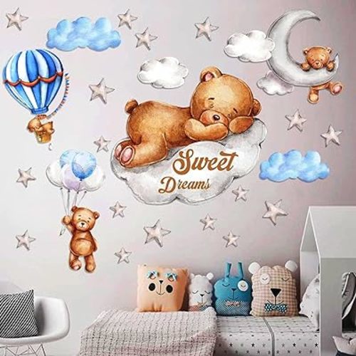Tedy Bear Moon & Stars Wall Decor - Sleeping Bear Wall Stickers, Baby & Nursery Room Decor