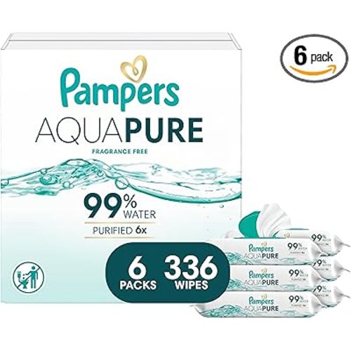 Pampers Aqua Pure Baby Wipes, 99% Water, Fragrance Free, 336 Baby Wipes Total (6X Flip-Top Packs) [Packaging May Vary]
