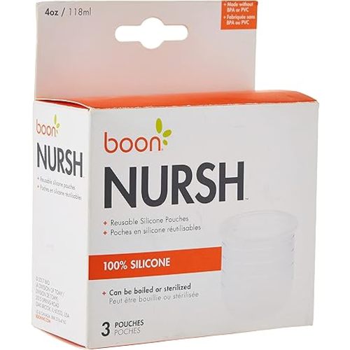 Boon Nursh Reusable Replacement Pouch with Collapsible Silicone Pouch Design - Everyday Baby Essentials - Stage 1 Slow Flow Bottles - Gray - 4 Oz