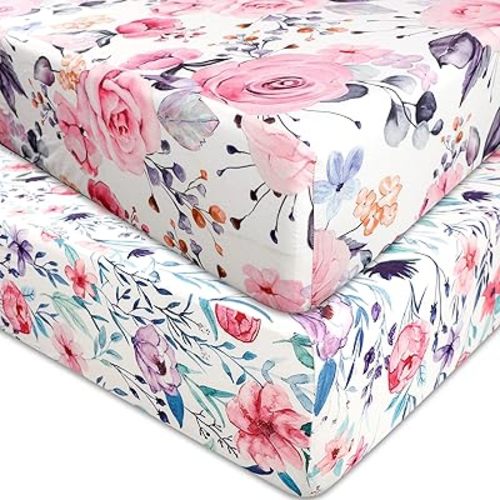 Floral Crib Sheets for Baby Girls 2 Pack, Fits Standard Nursery Crib Mattress & Toddler Bed Mattress 28x 52, Soft Stretchy Snug Neutral Baby Crib Fitted Sheets