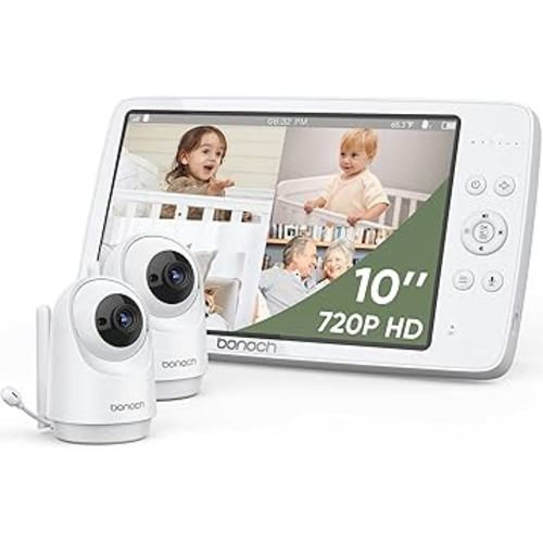 bonoch MegaView Baby Monitor, 10" Video Baby Monitor with 2 Cameras, 10000mAh Battery, Quad Split Screen Baby Monitor with Camera and Audio, VOX Mode, Auto Night Vision, Remote PTZ, Hack Proof