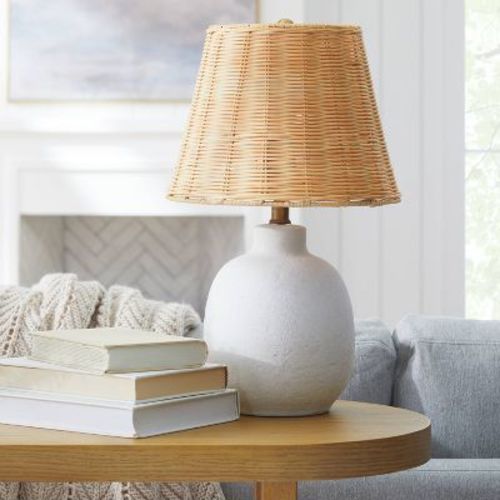 18.5"x11" Ceramic Table Lamp With Rattan Shade White - Threshold™ Designed With Studio Mcgee: Nightstand Wicker Lighting