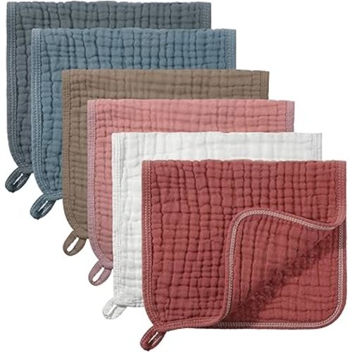 Hicarer 6 Count Muslin Burp Cloths Cotton Baby Burping Rags Large 20 x 10 Inch 6 Layers Spit up Rags Soft Absorbent Multicolor Wash Cloths Diapers for Newborn Baby Girl Boy(Fresh Color Series)