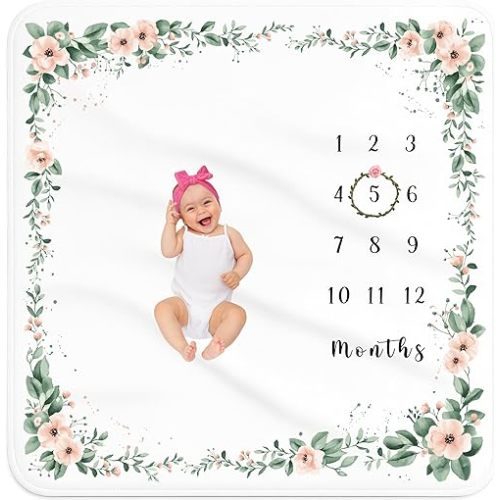 Baby Monthly Milestone Blanket for Girls – Soft Fleece Photo Prop with Floral Wreath, 47”x47” Gender Neutral Growth Chart for Newborn Photography, Nursery Keepsake