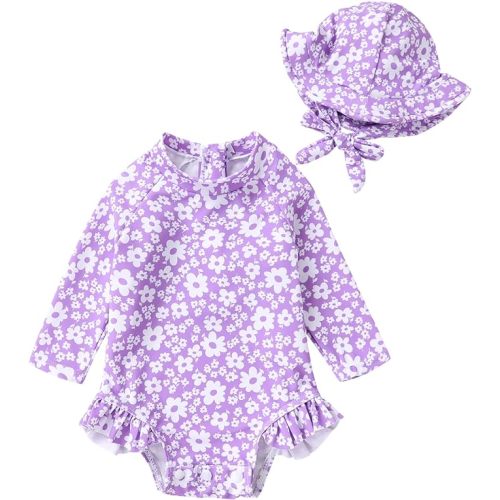 Infant Baby Girl Swimsuit One-Piece Long Sleeve Rash Guard with Hat Set Floral Zipper Bathing Suit Leopard Beach Wear