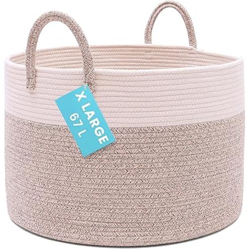 OrganiHaus Large Woven Storage Basket for Blankets and Toys 20" x 13" Inch, Rope Laundry Basket with Handles, Cushions & Pillows Storage Bin, Nursery Hamper, Soft Round Dog Toy Bin - Brown/Off-White