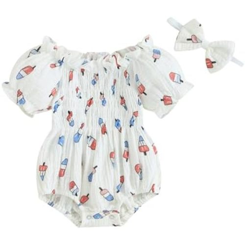 Baby Girl 4th of July Outfit Floral American Flag Onesie Smocked Romper Bodysuit+Headband Memorial Day Clothes