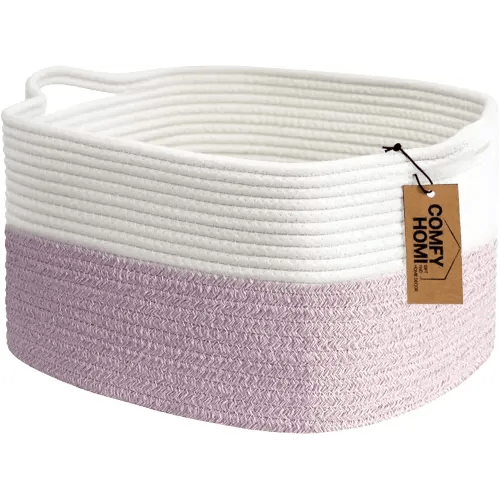COMFY-HOMI Cotton Rope Woven Medium Basket with Handles for shelf，Cloth Storage Basket for Organizing-13.5X11X9.5 Storage Bin for Bedroom, Newborn or Infant Gift for boy girl （White/Pink）