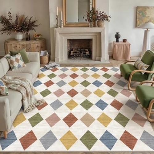 PureCozy Machine Washable 8x10 Area Rugs for Kids Room Modern Soft Colorful Checkered Rug Non-Slip Low Pile Accent Indoor Office Carpet for Nursery Bedroom Living Dining Classroom