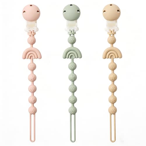 Baby Pacifier Clips One Piece Binky Clip Holder Silicone Teether Clip Pacifier Straps with Clip Baby Teether Toys for Boys and Girls Set of 3 Andy Bear-Ivory+Sage+Blush