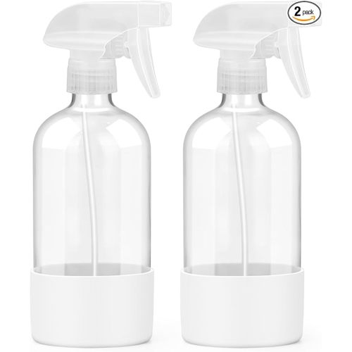 Worldgsb 2 Pack Glass Spray Bottles with Silicone Sleeve, 16 oz Empty Refillable Containers with Adjustable Spray Nozzles, Spray Bottles for Hair, Cleaning Solutions and Plants White