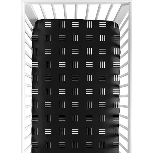 Sweet Jojo Designs Black and White Boho Mudcloth Boy or Girl Fitted Crib Sheet Baby or Toddler Bed Nursery - White Black Bohemian Woodland Tribal Southwest Mud Cloth Hatch Gender Neutral Triple Line