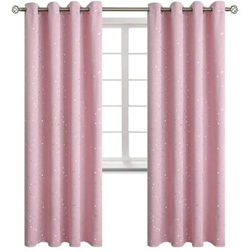BGment Kids Blackout Curtains for Bedroom - Grommet Thermal Insulated Silver Star Print Room Darkening Curtains for Kids Room, Set of 2 Panels, 52 x 84 Inch, Baby Pink