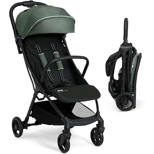 Jeep Altitude Compact Travel Stroller by Delta Children Greenguard Gold, Easy One Hand Fold, Lightweight, Extendable Canopy with Peek-a-Boo Window, Reclining Seat, 4 Wheel Suspension, Olive Green