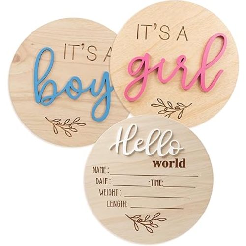 3PCS Its a Boy Its a Girl Wooden Sign, Gender Reveal Decor with Hello World Board, Gender Reveal Sign for Baby Birth, Newborn Photography Prop for Hospital, Birth Welcome Plaque