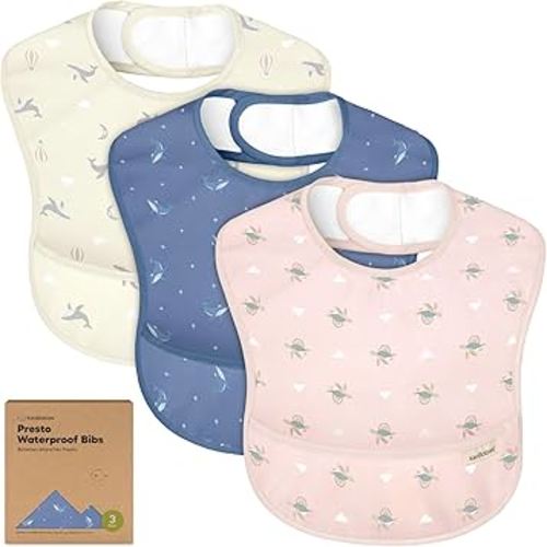 3-Pack Waterproof Baby Bibs for Eating - Lightweight Toddler Feeding Bibs with Large Food Catcher, Mess Proof, Food-Grade Baby Eating Essentials, Easy to Put On & Clean (Marine Muse)