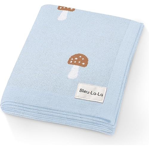 Mushroom Baby Blanket for Boys 100% Cotton Buttery Soft Cozy Receiving Swaddle Crib Stroller Blanket for Shower Gift Registry for Newborns, Infants, Toddlers (Mushroom - Blue)