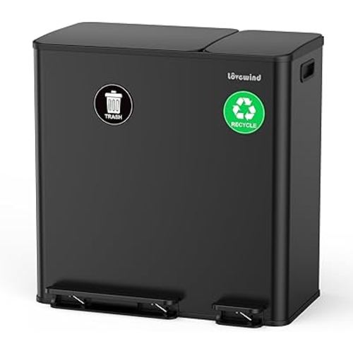 Dual Trash and Recycling Bins for Kitchen, 13.2 + 5.2 Gal (50+20L) Stainless Steel Trash and Recycle Bin Combo with Soft-Close Lid, Large Garbage Cans for Kitchen Home with 2 Magnets Sticker, Black