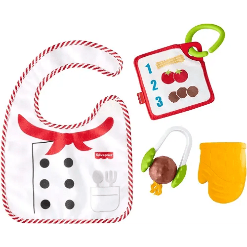 Fisher-Price Cutest Chef Gift Set, 4 cooking-themed baby toys with wearable bib and teether for babies ages 3 months and older