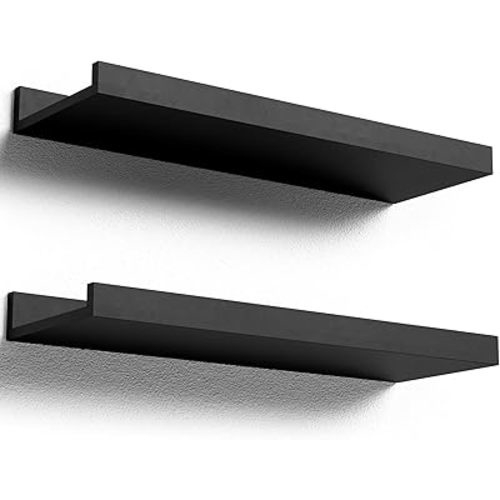 Floating Shelves Wall Mounted Set of 2, Modern Black Wall Shelves for Storage with Lip, Display Picture Ledge Shelf for Wall Decor Bedroom Living Room Bathroom Kitchen