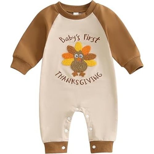 My First Thanksgiving Baby Boy Outfit Turkey Letter Embroidery Romper Long Sleeve Jumpsuit Cute Fall Clothes